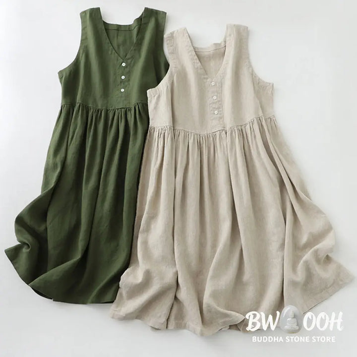 Buddha Stones Daily Casual Pure Color V-Neck Simple Buttons Design Sleeveless Midi Dress - Midi Dress