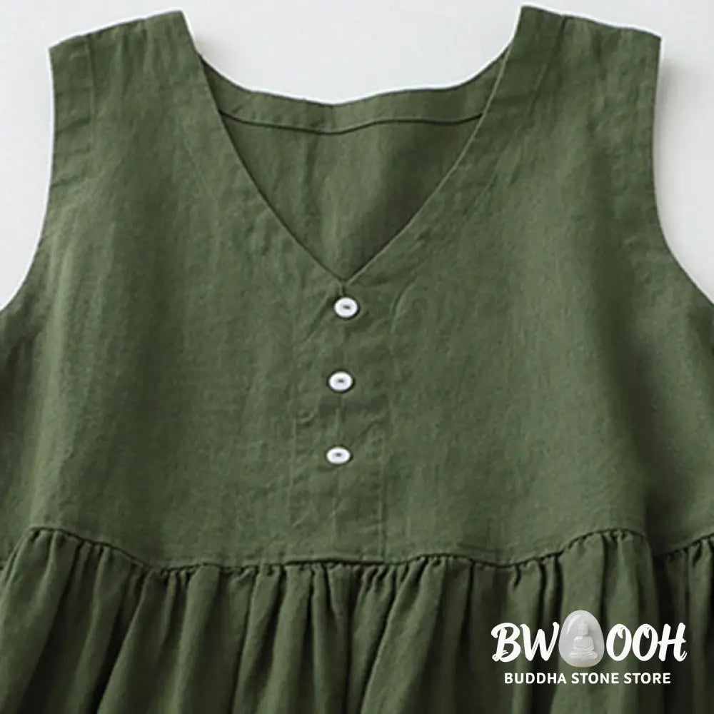 Buddha Stones Daily Casual Pure Color V-Neck Simple Buttons Design Sleeveless Midi Dress - Midi Dress