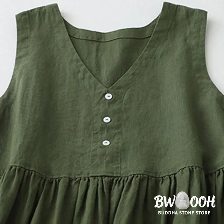 Buddha Stones Daily Casual Pure Color V-Neck Simple Buttons Design Sleeveless Midi Dress - Midi Dress