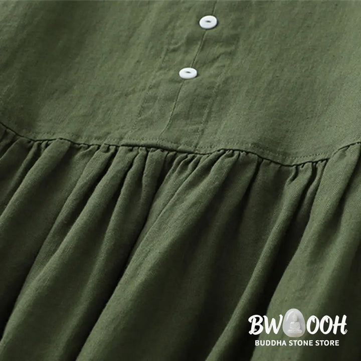 Buddha Stones Daily Casual Pure Color V-Neck Simple Buttons Design Sleeveless Midi Dress - Midi Dress