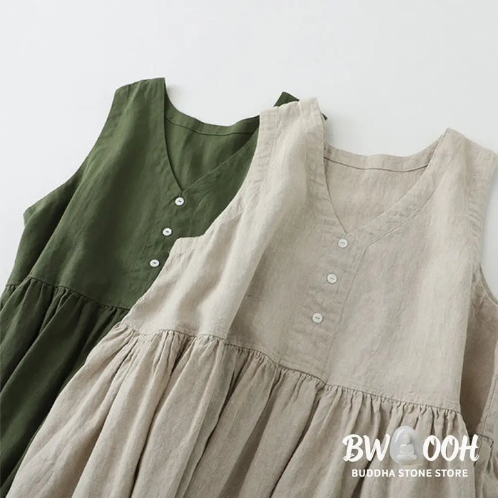 Buddha Stones Daily Casual Pure Color V-Neck Simple Buttons Design Sleeveless Midi Dress - Midi Dress