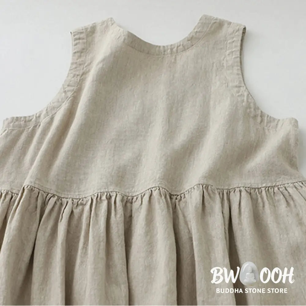 Buddha Stones Daily Casual Pure Color V-Neck Simple Buttons Design Sleeveless Midi Dress - Midi Dress