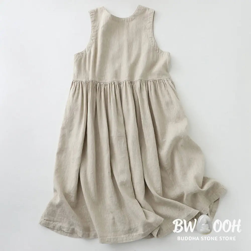 Buddha Stones Daily Casual Pure Color V-Neck Simple Buttons Design Sleeveless Midi Dress - Midi Dress