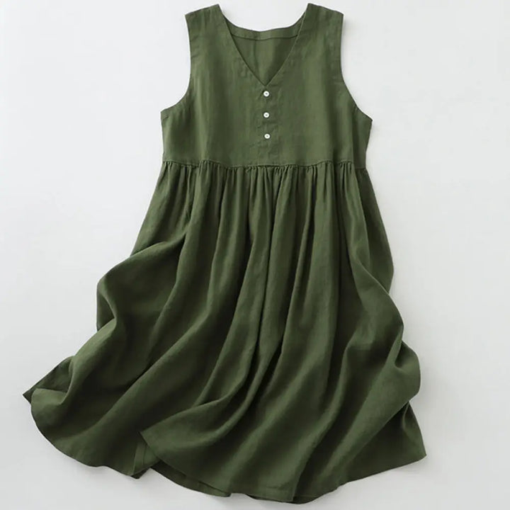 Buddha Stones Daily Casual Pure Color V-Neck Simple Buttons Design Sleeveless Midi Dress - DarkGreen / US6，UK/AU10，EU38