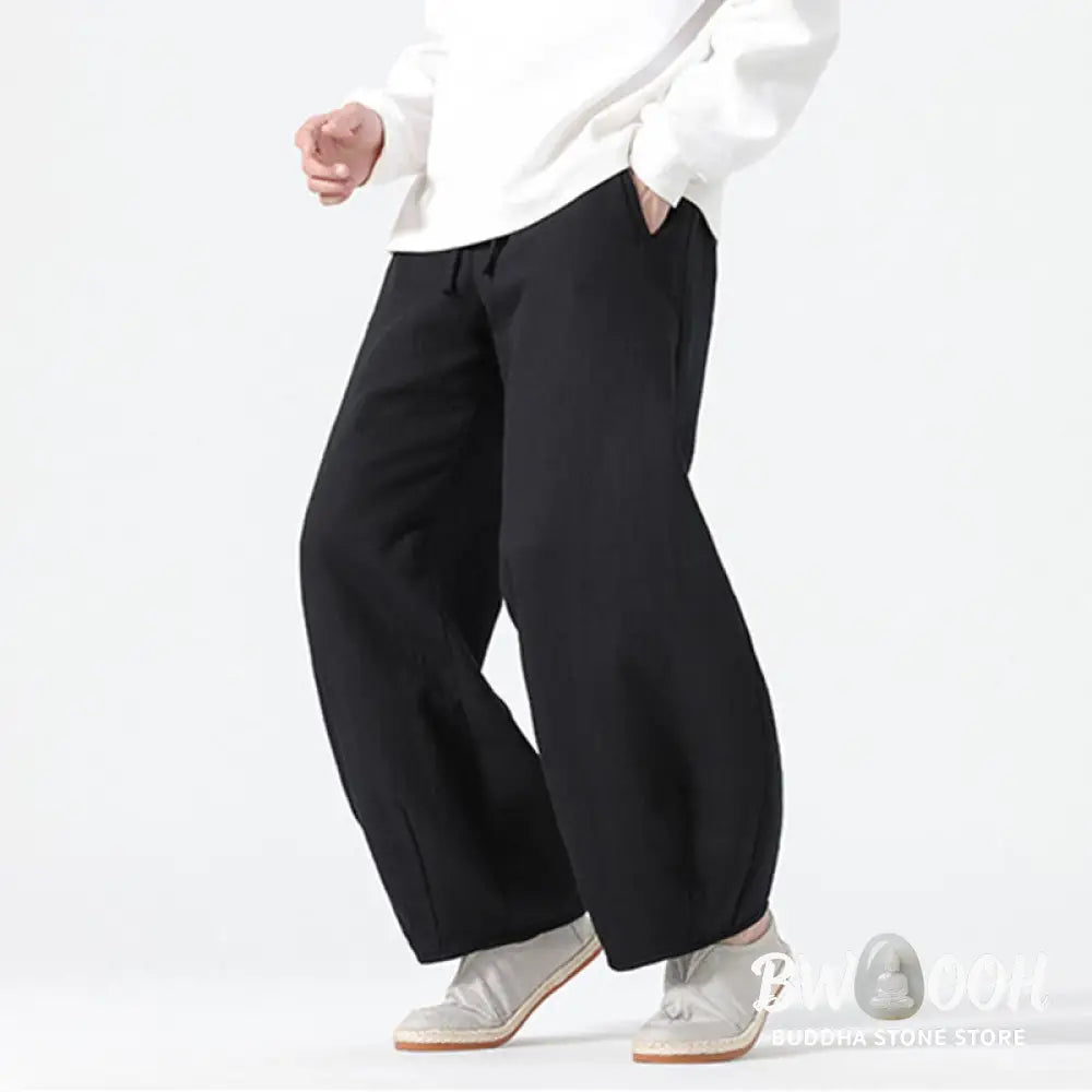 Buddha Stones Daily Drawstring Chinese Zen Style Men’s Wide Leg Pure Pants With Pockets - Men’s Wide Leg Pants