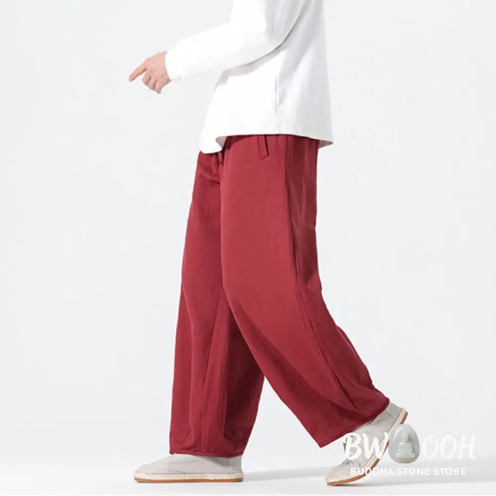 Buddha Stones Daily Drawstring Chinese Zen Style Men’s Wide Leg Pure Pants With Pockets - Men’s Wide Leg Pants