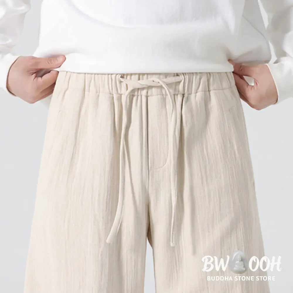 Buddha Stones Daily Drawstring Chinese Zen Style Men’s Wide Leg Pure Pants With Pockets - Men’s Wide Leg Pants