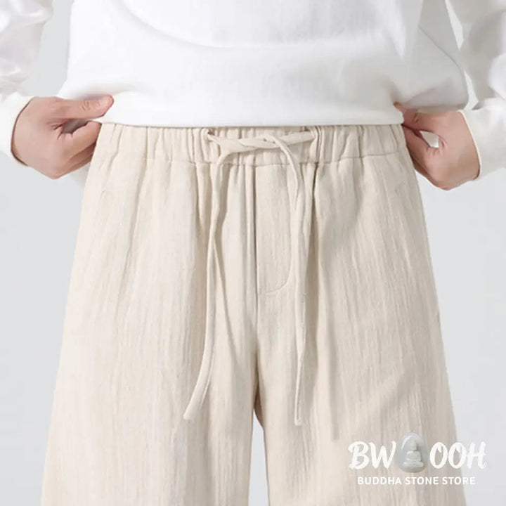 Buddha Stones Daily Drawstring Chinese Zen Style Men’s Wide Leg Pure Pants With Pockets - Men’s Wide Leg Pants