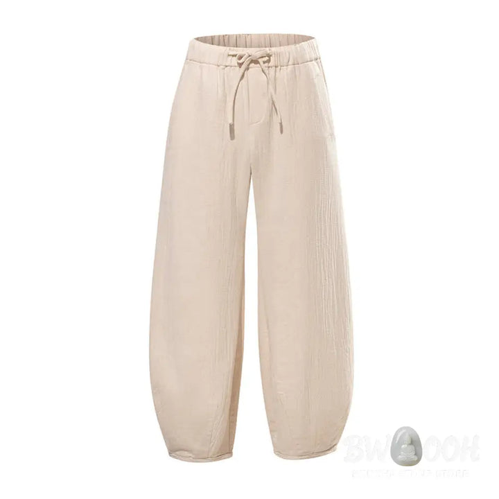 Buddha Stones Daily Drawstring Chinese Zen Style Men’s Wide Leg Pure Pants With Pockets - Men’s Wide Leg Pants