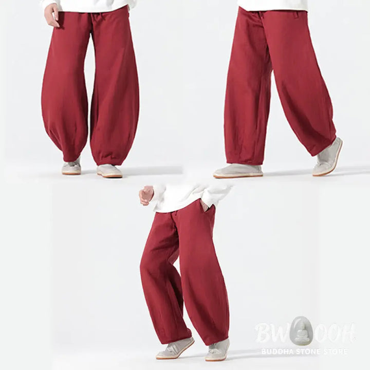Buddha Stones Daily Drawstring Chinese Zen Style Men’s Wide Leg Pure Pants With Pockets - Men’s Wide Leg Pants
