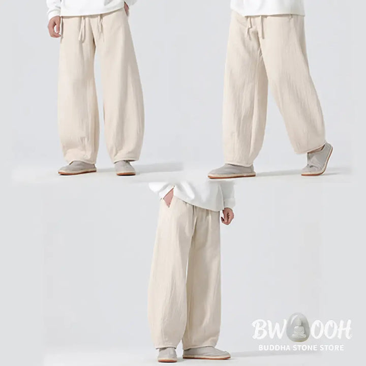Buddha Stones Daily Drawstring Chinese Zen Style Men’s Wide Leg Pure Pants With Pockets - Men’s Wide Leg Pants