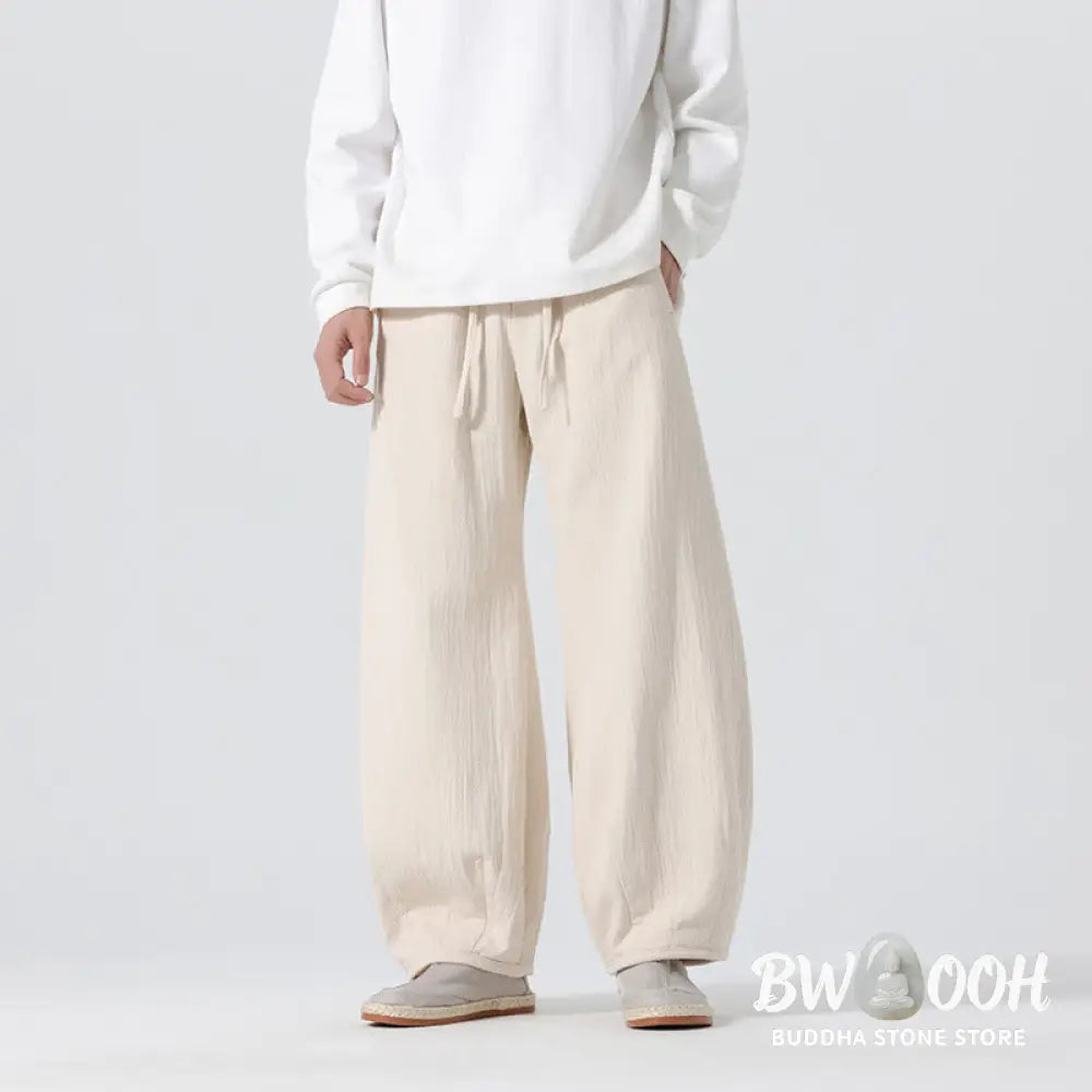 Buddha Stones Daily Drawstring Chinese Zen Style Men’s Wide Leg Pure Pants With Pockets - Men’s Wide Leg Pants