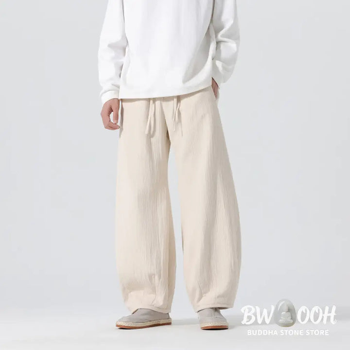 Buddha Stones Daily Drawstring Chinese Zen Style Men’s Wide Leg Pure Pants With Pockets - Men’s Wide Leg Pants