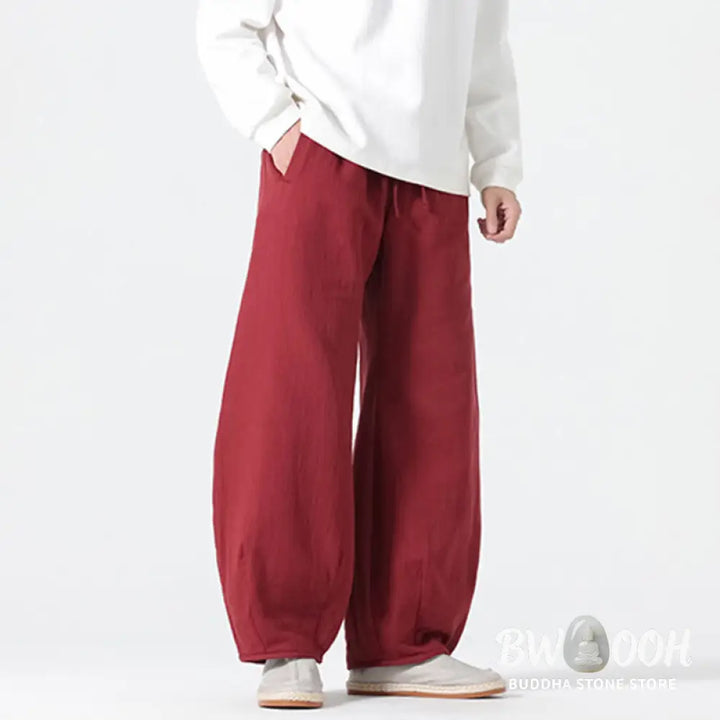 Buddha Stones Daily Drawstring Chinese Zen Style Men’s Wide Leg Pure Pants With Pockets - Men’s Wide Leg Pants