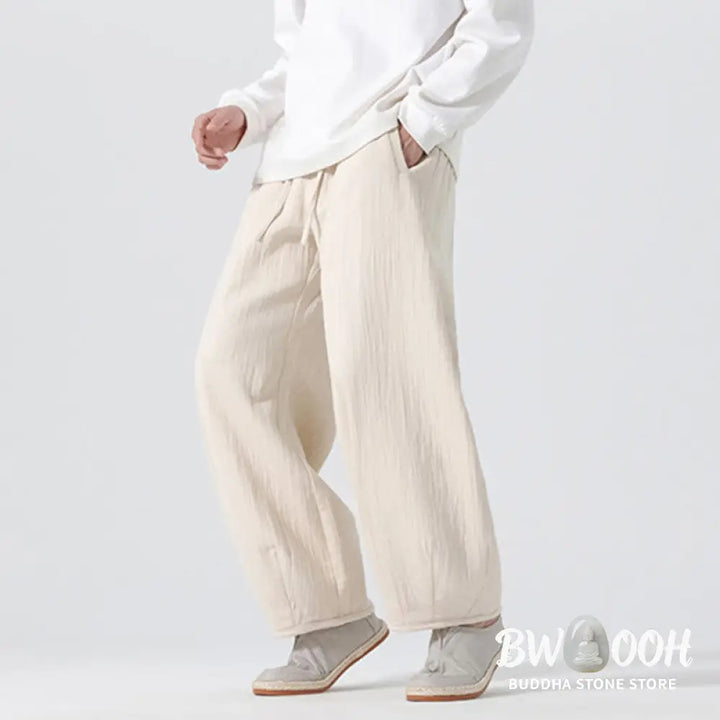 Buddha Stones Daily Drawstring Chinese Zen Style Men’s Wide Leg Pure Pants With Pockets - Men’s Wide Leg Pants