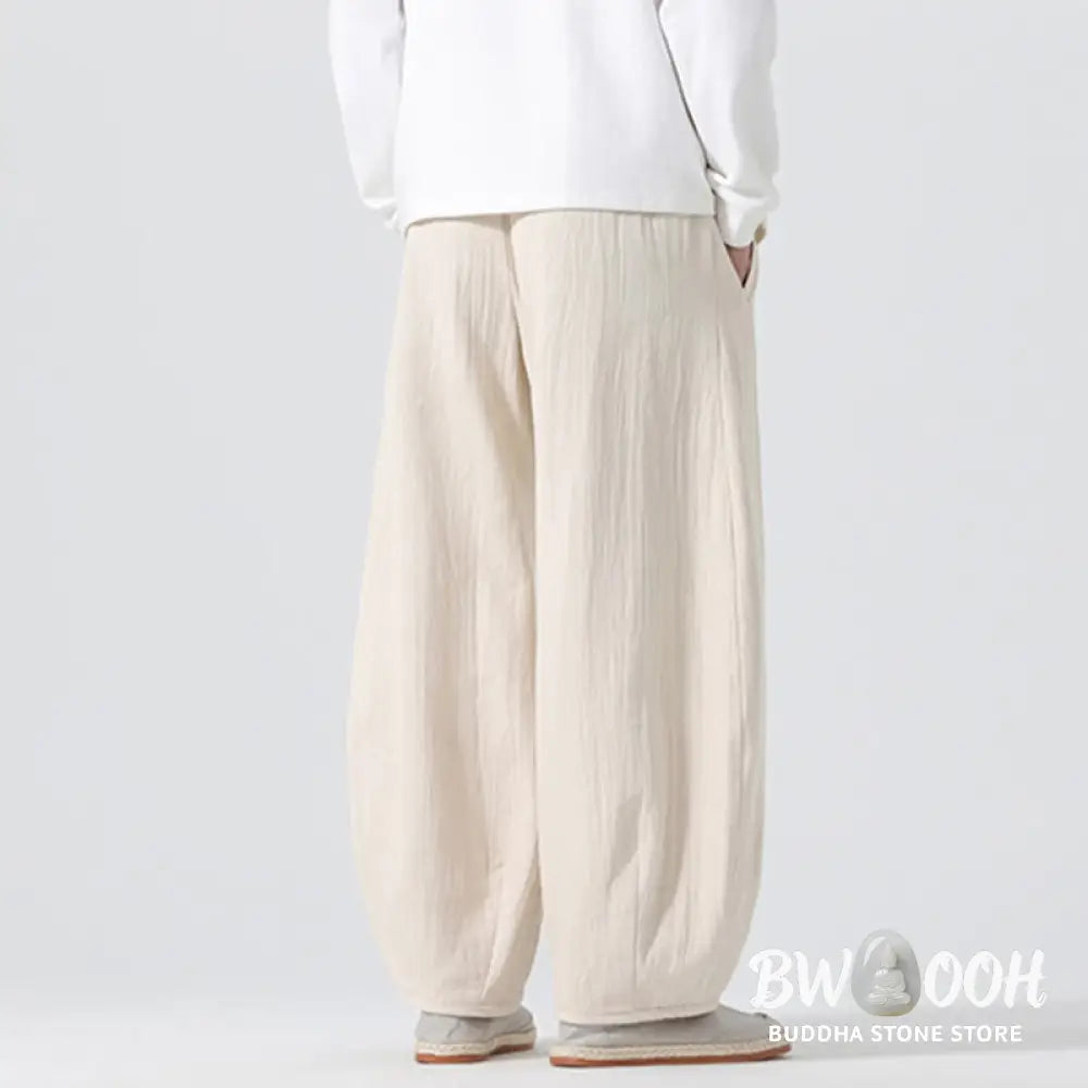 Buddha Stones Daily Drawstring Chinese Zen Style Men’s Wide Leg Pure Pants With Pockets - Men’s Wide Leg Pants