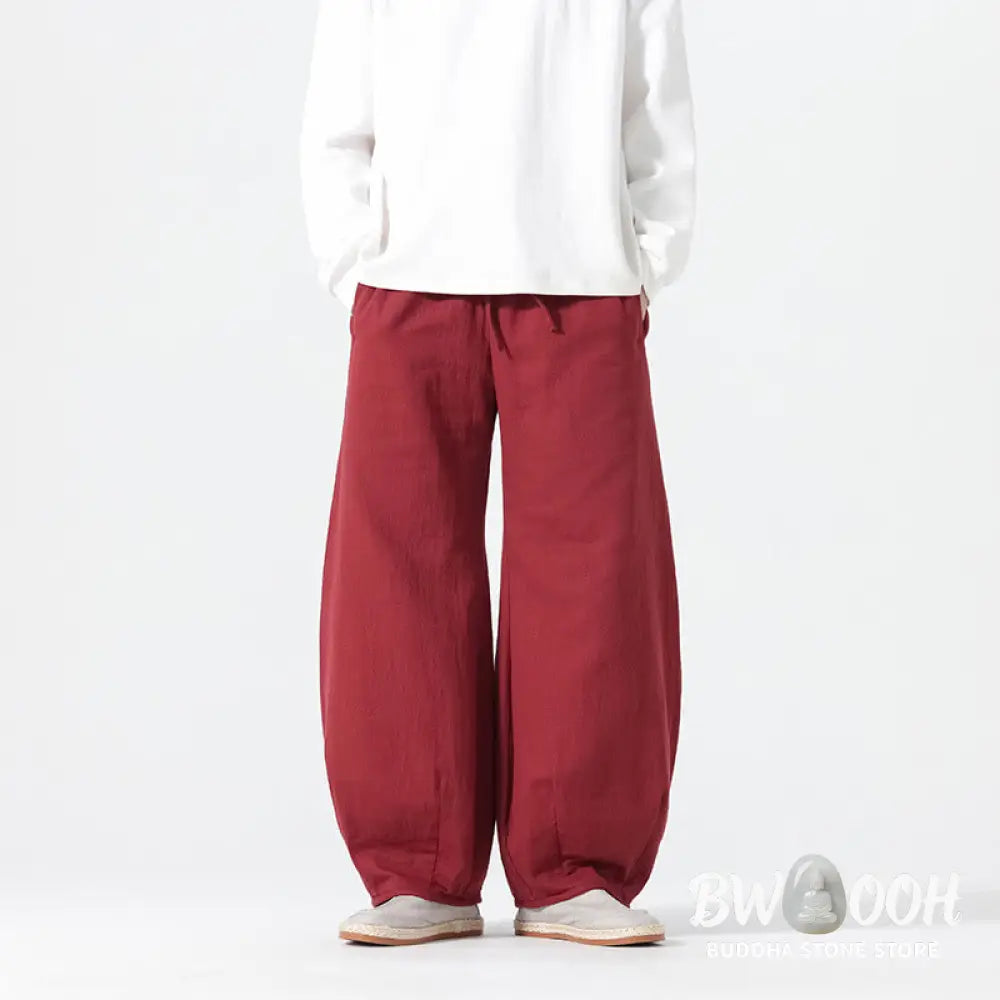 Buddha Stones Daily Drawstring Chinese Zen Style Men’s Wide Leg Pure Pants With Pockets - Men’s Wide Leg Pants