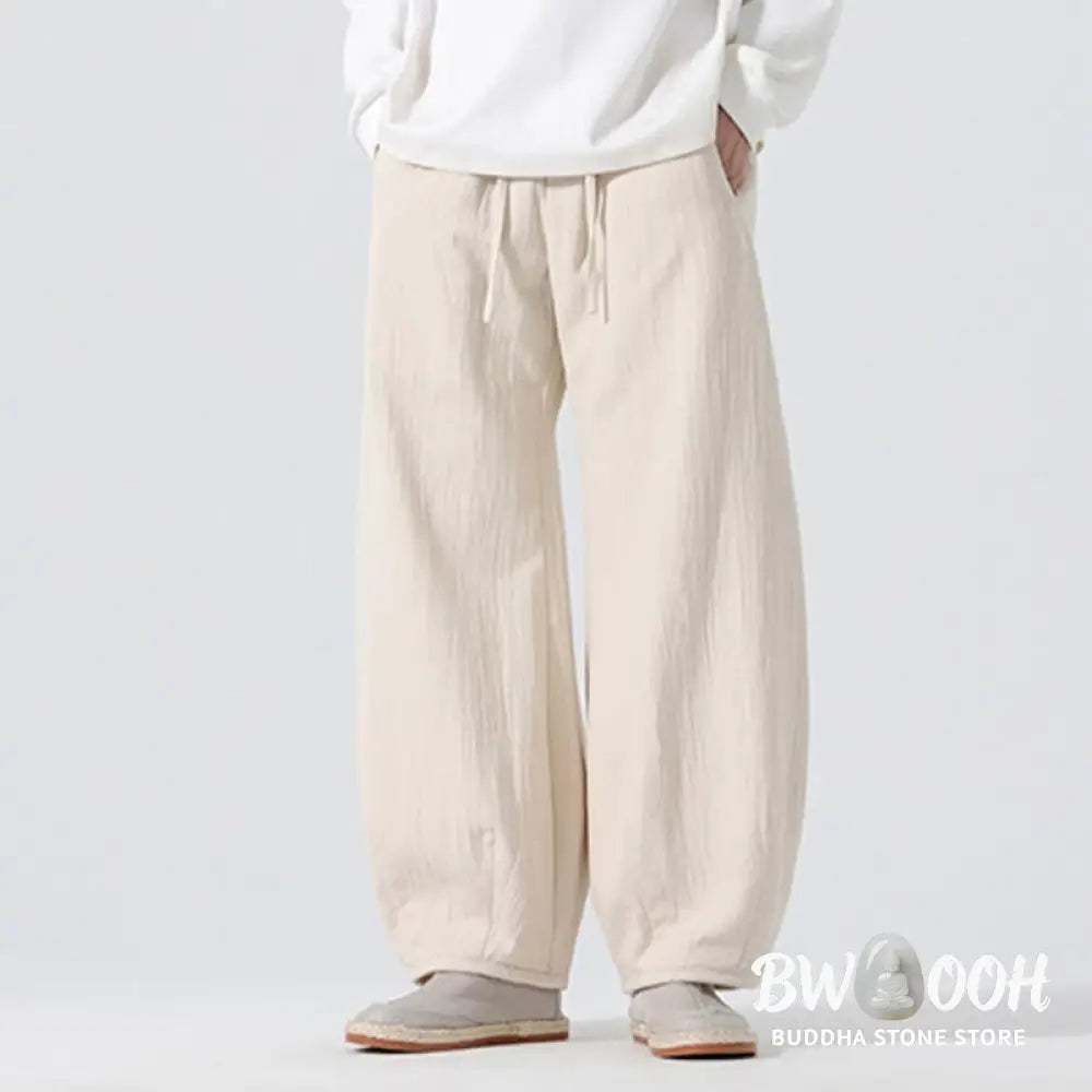 Buddha Stones Daily Drawstring Chinese Zen Style Men’s Wide Leg Pure Pants With Pockets - Men’s Wide Leg Pants