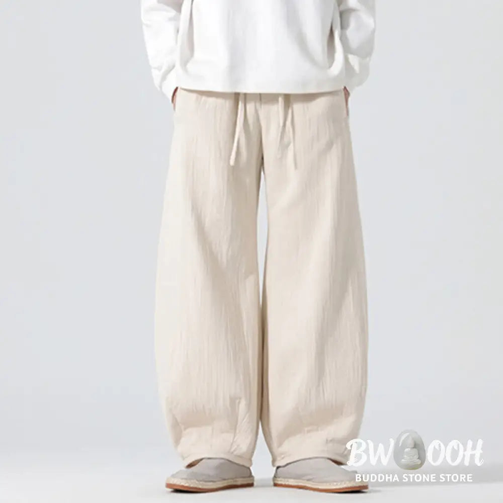 Buddha Stones Daily Drawstring Chinese Zen Style Men’s Wide Leg Pure Pants With Pockets - Men’s Wide Leg Pants