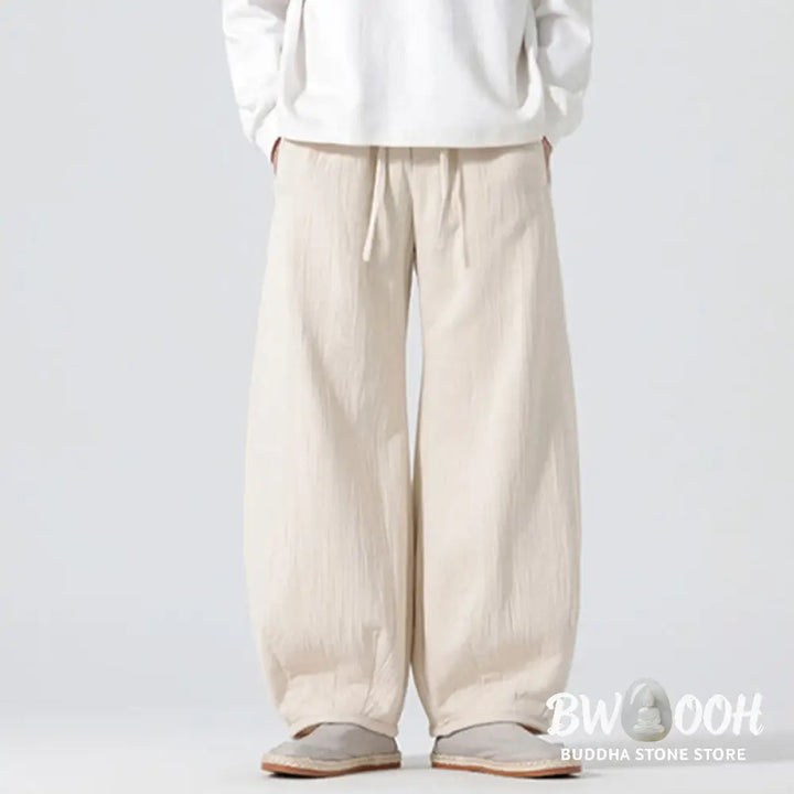 Buddha Stones Daily Drawstring Chinese Zen Style Men’s Wide Leg Pure Pants With Pockets - Men’s Wide Leg Pants