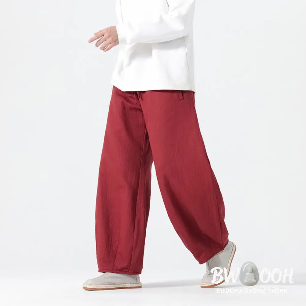 Buddha Stones Daily Drawstring Chinese Zen Style Men’s Wide Leg Pure Pants With Pockets - Men’s Wide Leg Pants