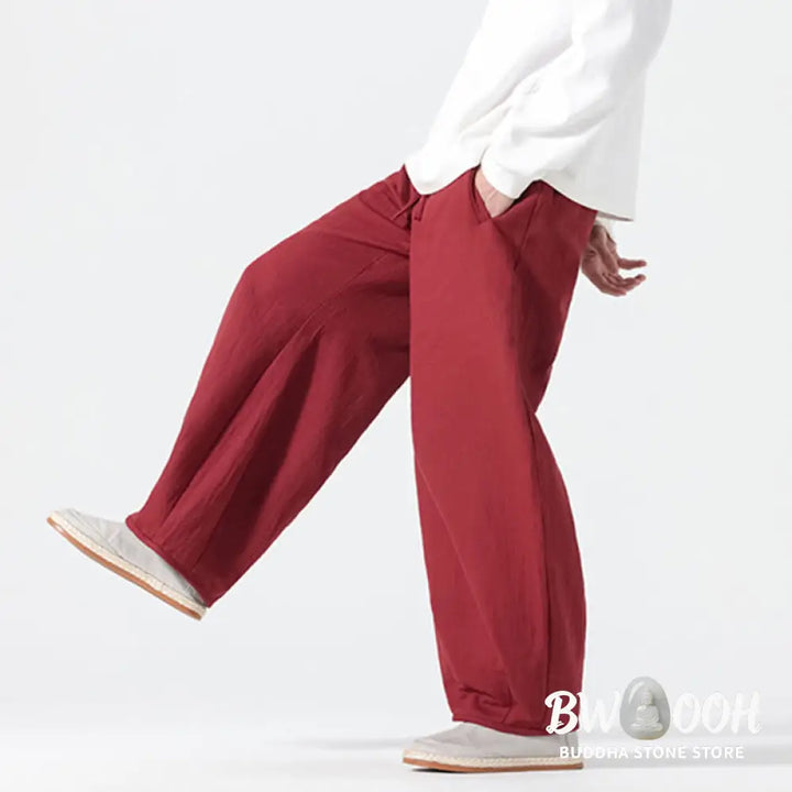 Buddha Stones Daily Drawstring Chinese Zen Style Men’s Wide Leg Pure Pants With Pockets - Men’s Wide Leg Pants