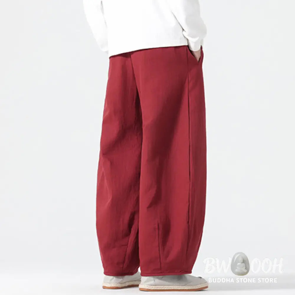 Buddha Stones Daily Drawstring Chinese Zen Style Men’s Wide Leg Pure Pants With Pockets - Men’s Wide Leg Pants