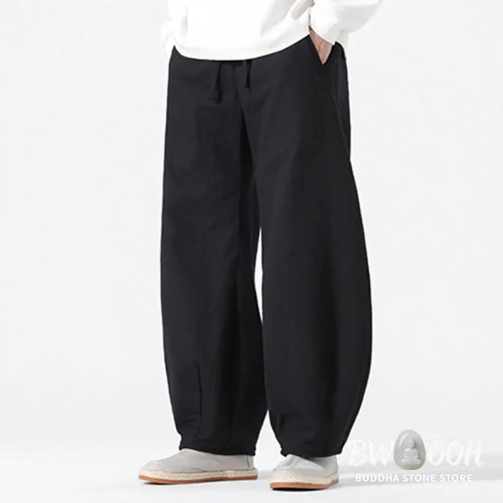 Buddha Stones Daily Drawstring Chinese Zen Style Men’s Wide Leg Pure Pants With Pockets - Men’s Wide Leg Pants
