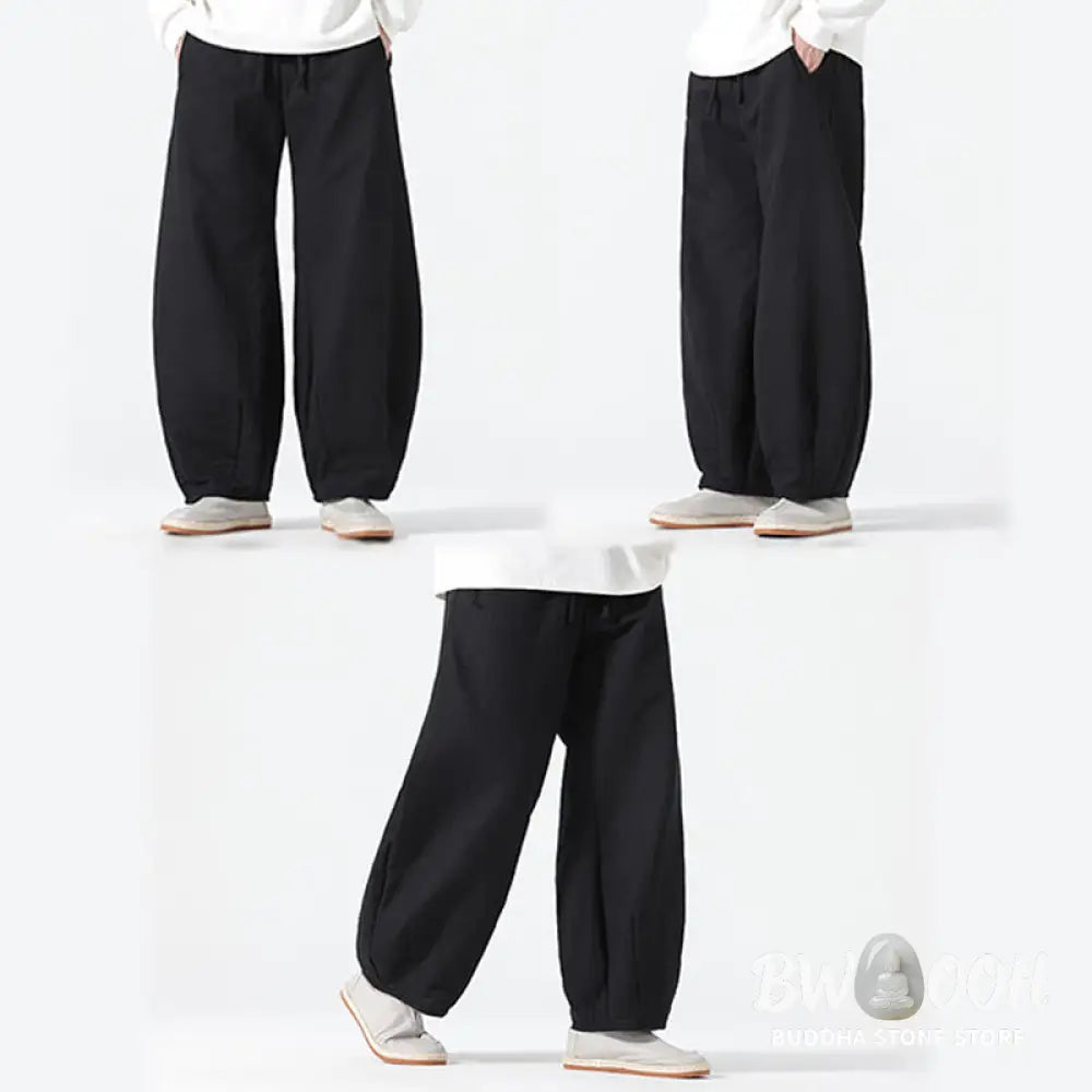 Buddha Stones Daily Drawstring Chinese Zen Style Men’s Wide Leg Pure Pants With Pockets - Men’s Wide Leg Pants