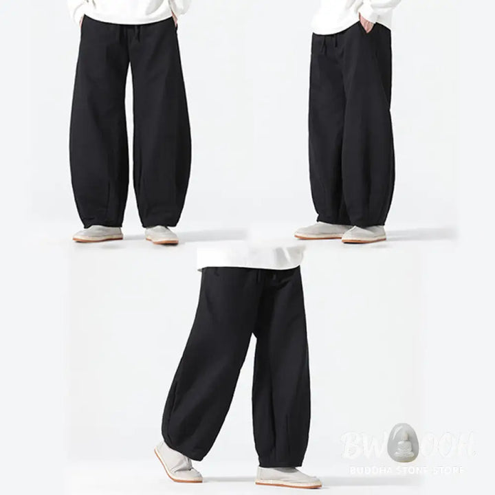 Buddha Stones Daily Drawstring Chinese Zen Style Men’s Wide Leg Pure Pants With Pockets - Men’s Wide Leg Pants