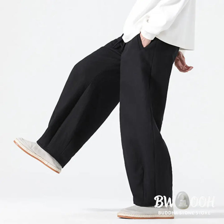 Buddha Stones Daily Drawstring Chinese Zen Style Men’s Wide Leg Pure Pants With Pockets - Men’s Wide Leg Pants