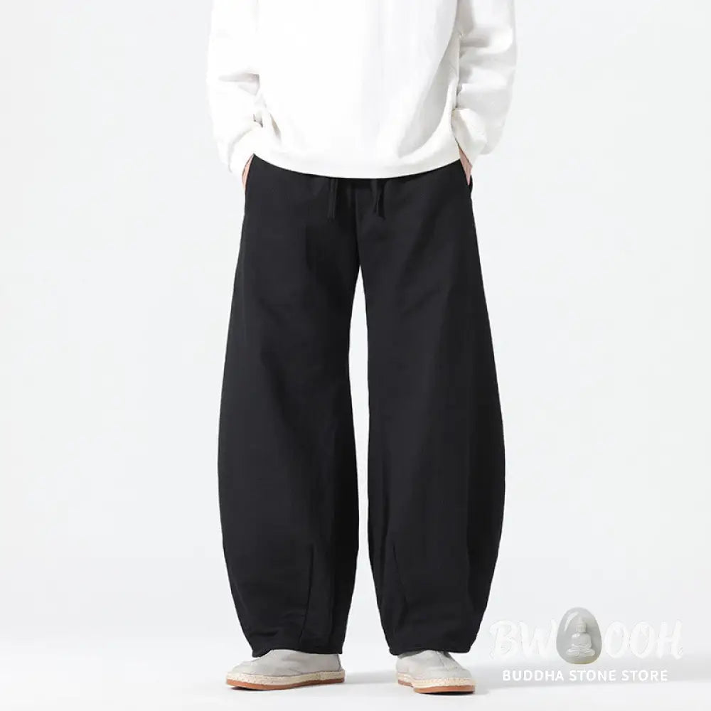 Buddha Stones Daily Drawstring Chinese Zen Style Men’s Wide Leg Pure Pants With Pockets - Men’s Wide Leg Pants