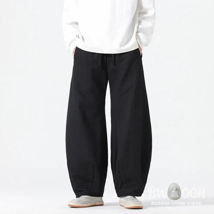 Buddha Stones Daily Drawstring Chinese Zen Style Men’s Wide Leg Pure Pants With Pockets - Men’s Wide Leg Pants