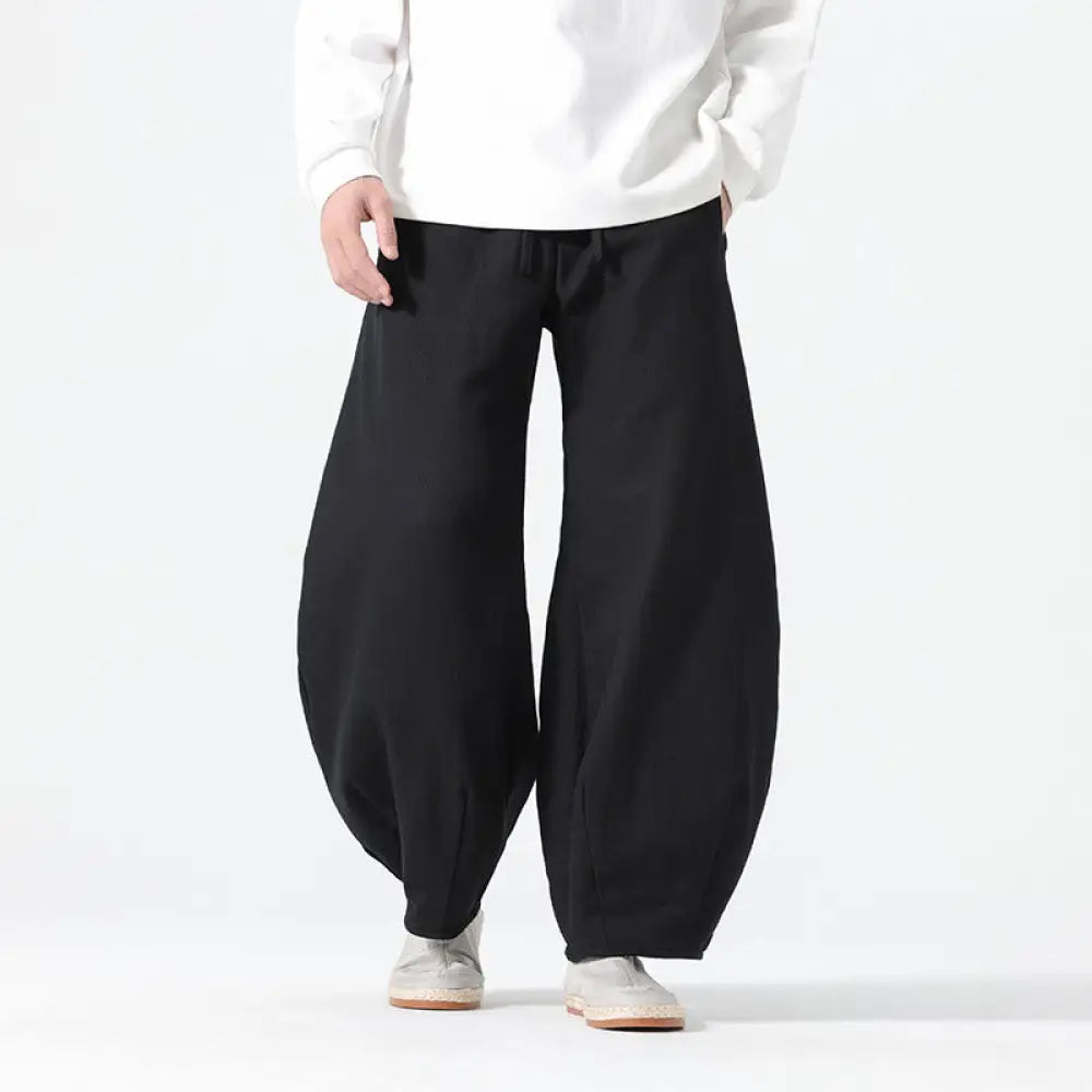 Buddha Stones Daily Drawstring Chinese Zen Style Men’s Wide Leg Pure Pants With Pockets - Black / US/UK/AU36，EU46 (L)