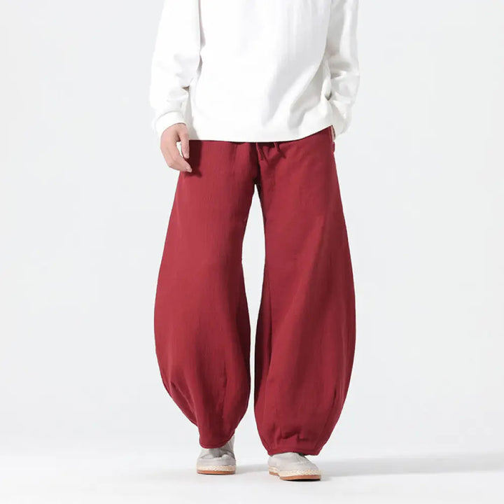 Buddha Stones Daily Drawstring Chinese Zen Style Men’s Wide Leg Pure Pants With Pockets - Crimson / US/UK/AU36，EU46 (L)