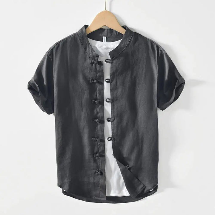 BWOOOH Daily Frog-Button Stand Collar Short Sleeve Linen 