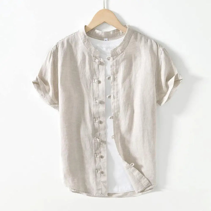 Buddha Stones Daily Frog-Button Stand Collar Short Sleeve Linen Men’s Shirt - LightGrey / US/UK/AU36，EU46 (L) - Men’s