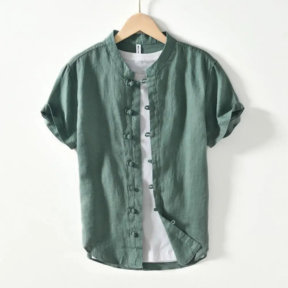 Buddha Stones Daily Frog-Button Stand Collar Short Sleeve Linen Men’s Shirt - MediumSeaGreen / US/UK/AU36，EU46 (L)