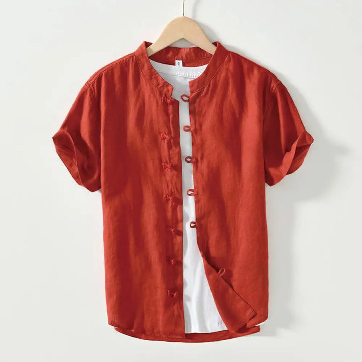 Buddha Stones Daily Frog-Button Stand Collar Short Sleeve Linen Men’s Shirt - Red / US/UK/AU36，EU46 (L) - Men’s Shirts