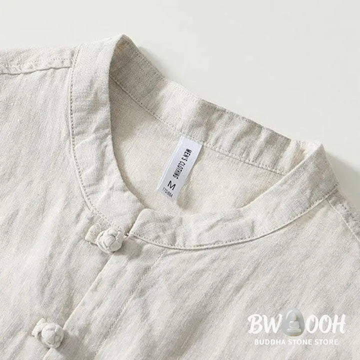 Buddha Stones Daily Frog-Button Stand Collar Short Sleeve Linen Men’s Shirt - Men’s Shirts