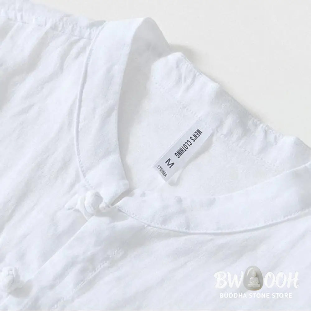 Buddha Stones Daily Frog-Button Stand Collar Short Sleeve Linen Men’s Shirt - Men’s Shirts