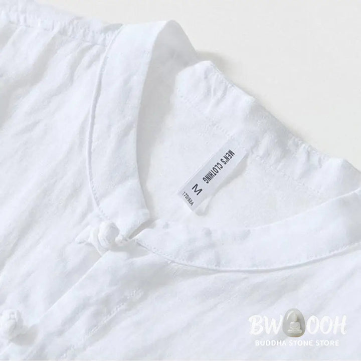 Buddha Stones Daily Frog-Button Stand Collar Short Sleeve Linen Men’s Shirt - Men’s Shirts