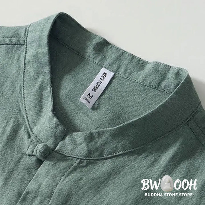 Buddha Stones Daily Frog-Button Stand Collar Short Sleeve Linen Men’s Shirt - Men’s Shirts