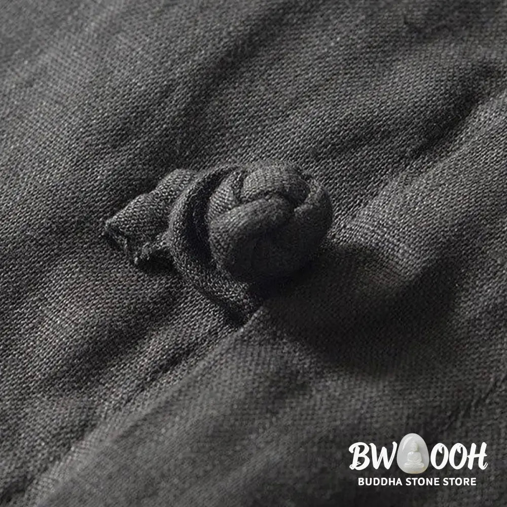 Buddha Stones Daily Frog-Button Stand Collar Short Sleeve Linen Men’s Shirt - Men’s Shirts