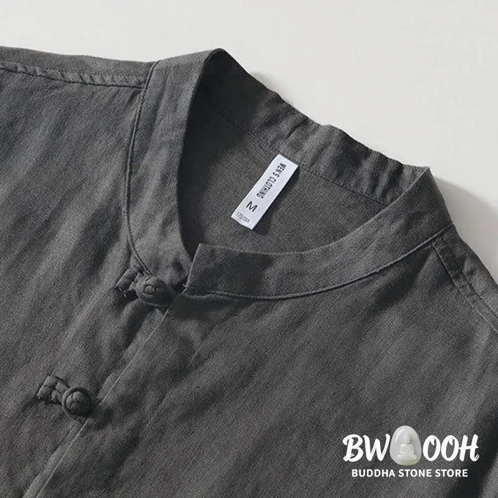 Buddha Stones Daily Frog-Button Stand Collar Short Sleeve Linen Men’s Shirt - Men’s Shirts
