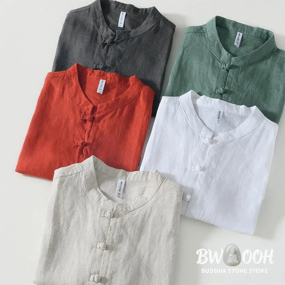 Buddha Stones Daily Frog-Button Stand Collar Short Sleeve Linen Men’s Shirt - Men’s Shirts