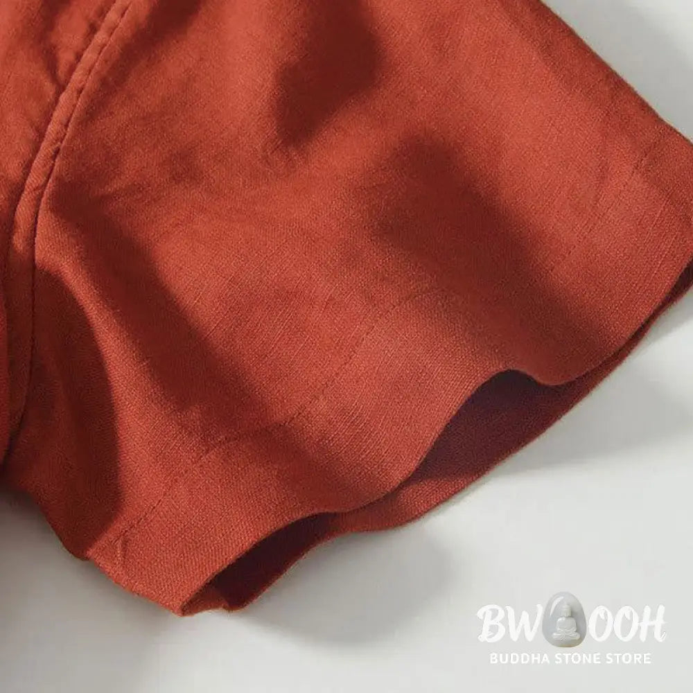 Buddha Stones Daily Frog-Button Stand Collar Short Sleeve Linen Men’s Shirt - Men’s Shirts