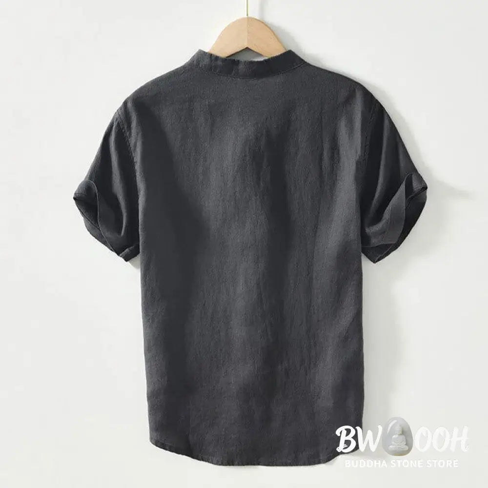 Buddha Stones Daily Frog-Button Stand Collar Short Sleeve Linen Men’s Shirt - Men’s Shirts