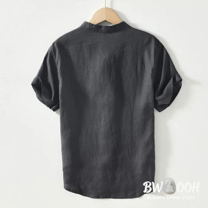 Buddha Stones Daily Frog-Button Stand Collar Short Sleeve Linen Men’s Shirt - Men’s Shirts