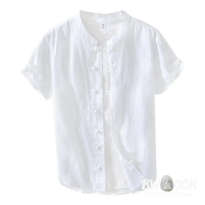 Buddha Stones Daily Frog-Button Stand Collar Short Sleeve Linen Men’s Shirt - Men’s Shirts